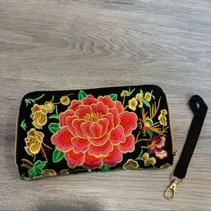 Embroidered floral zip around wallet or wristlet